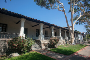 The San Luis Rey Spanish Mission on the Camino Real Looking at Covered Porch Walkway in San Luis Obispo, California