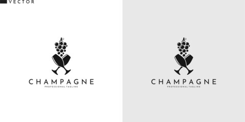 Champagne with grapes. Wine shop logo