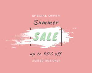 Spring sale banner, flyer. Pink sale vector banner with brush effect, brush line