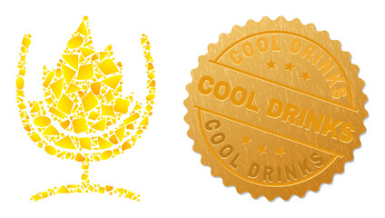 Golden combination of yellow items for wine glass fire icon, and golden metallic Cool Drinks seal. Wine glass fire icon mosaic is formed from scattered golden items.