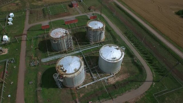 Aerial close up of fuel and crude oil storage. The oil and gas industry.