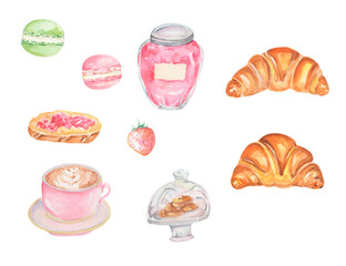 Watercolor illustration. Pastry set of jam, macarons, strawberry, cappuccino, cookies and croissants. Watercolor confectionery. Sweet elements. Idea for bakery, candy shops, decor, cards, logo