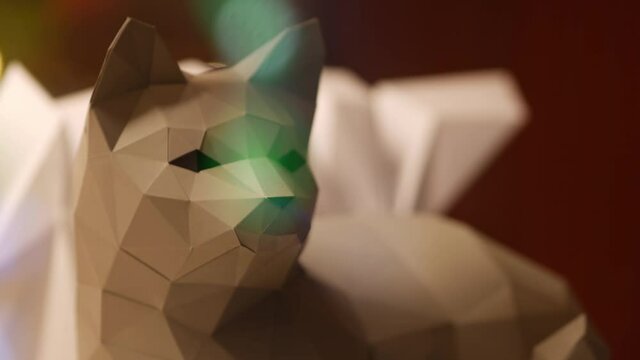 Gifts for Valentine Day, New Year, wedding, birthday and celebration. Fox or kitty model. Paper polygonal origami. 3D triangular paper figures. Trendy geometric low poly faceted papercraft animal head