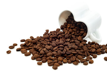 Coffee beans isolate. Coffee beans pouring out of a cup in the shape of a heart on a white background