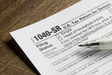 Closeup of Form 1040-SR, U.S. Tax Return for Seniors.