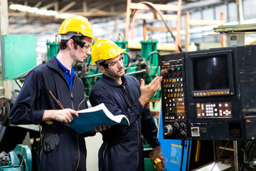 Two electrician Man Worker at industrial factory wearing uniform and hard hats and Mechanical repair.  Engineer Operating  lathe Machinery