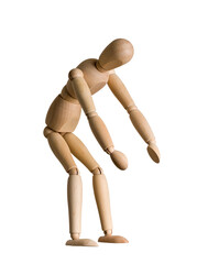 wooden doll broke bent forward, isolated on white background