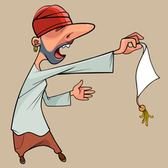 cartoon screaming pirate holding a thing with a decorative brush in his hand