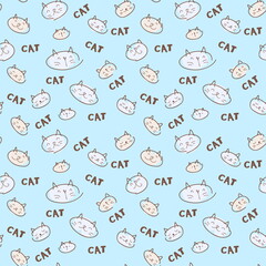 Hand drawn seamless pattern of kitten faces and text CAT. Perfect for T-shirt, textile and print. Doodle illustration for decor and design.