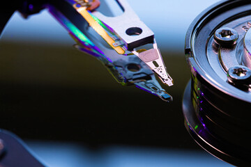 Macro Close up of inside of magnetic Hard Disc Drive
