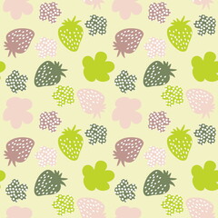 Multicolored strawberries and spotted flowers seamless pattern. Perfect for T-shirt, textile and prints. Hand drawn illustration for decor and design.