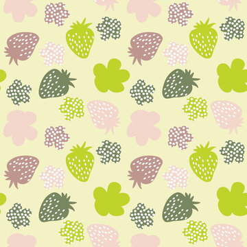 Multicolored strawberries and spotted flowers seamless pattern. Perfect for T-shirt, textile and prints. Hand drawn illustration for decor and design. © Anna
