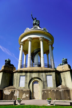 The Hermann Heights Monument is a statue erected in New Ulm, Minnesota. Herman or Hermann the German is the nickname of Arminius, leader German tribes over the Romans in 9AD. Copper statue with dome.