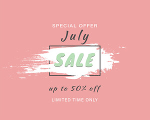 Pink July sale banner, flyer. Sale vector banner with brush effect, brush line