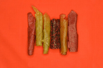 
Pastila fruit, photo on a red background