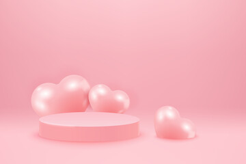 Valentines Day background with pink heart shaped balloons and podium. Holiday banner illustration on pink background