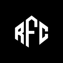 RFC letter logo design with polygon shape. RFC polygon and cube shape logo design. RFC hexagon vector logo template white and black colors. RFC monogram, business and real estate logo.