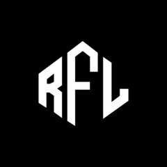 RFL letter logo design with polygon shape. RFL polygon and cube shape logo design. RFL hexagon vector logo template white and black colors. RFL monogram, business and real estate logo.