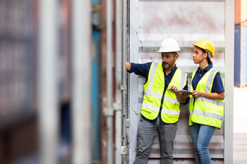 Hispanic Man worker and woman Supervisor dock cargo checking and control loading Containers box at container yard port of import and export goods. Unity and teamwork concept