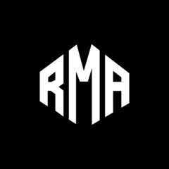 RMA letter logo design with polygon shape. RMA polygon and cube shape logo design. RMA hexagon vector logo template white and black colors. RMA monogram, business and real estate logo.