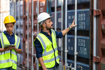 Hispanic Man worker and woman Supervisor dock cargo checking and control loading Containers box at container yard port of import and export goods. Unity and teamwork concept