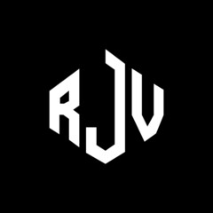 RJV letter logo design with polygon shape. RJV polygon and cube shape logo design. RJV hexagon vector logo template white and black colors. RJV monogram, business and real estate logo.