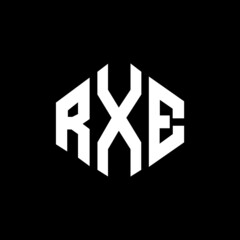 RXE letter logo design with polygon shape. RXE polygon and cube shape logo design. RXE hexagon vector logo template white and black colors. RXE monogram, business and real estate logo.