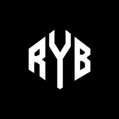 RYB letter logo design with polygon shape. RYB polygon and cube shape logo design. RYB hexagon vector logo template white and black colors. RYB monogram, business and real estate logo.