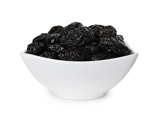 Bowl with sweet dried prunes isolated on white
