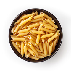 Uncooked penne pasta in black bowl isolated on white background with clipping path