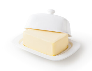 Fresh butter on white butter dish isolated on white background with clipping path