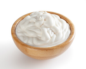 Fototapeta na wymiar Mayonnaise in wooden bowl isolated on white background with clipping path