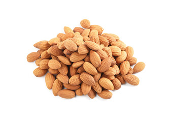 Pile of almond nuts on white background, above view. Healthy snack