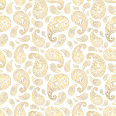 Traditional seamless Paisley pattern. Indian ornament. Turkish cucumber. Watercolor with gold. The tear of Allah. Design of fabric, packaging, paper.
