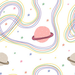 Cute pattern with planets stars in space. White abstract paper for scrapbooking line doodle cosmos. Seamless background. Textiles for children. Minimalism scrapbook for kids.