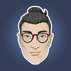 The sticker. Portraits of stylish hipster men. Vector illustration. With fashionable hairstyles and glasses.