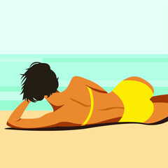 vector illustration on the theme of summer holidays. beautiful young tanned girl in a yellow swimsuit sunbathes on the beach. useful for advertising summer vacations, resorts, hotels, beaches, print