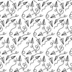 Cute white pattern with line paper airplane. Seamless background. Doodle textile for children. Minimalism paper scrapbook for kids.