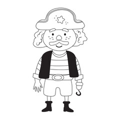 Kid playing pirates. Boy in robber costume with mustache and hand hook. Illustration in cartoon style