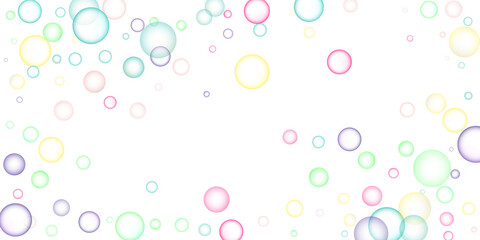 Soapy bright multicolored bubbles fly randomly on a white background. Vector illustration