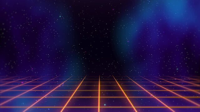 Red neon grid with stars sky in 80s style, motion abstract cyber, futuristic and retro style background