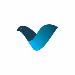 initial v letter blue wing bird logo design