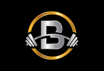 Initial B monogram alphabet with a barbell. Lifting vector logo design. Vector logo for bodybuilding - obrazy, fototapety, plakaty