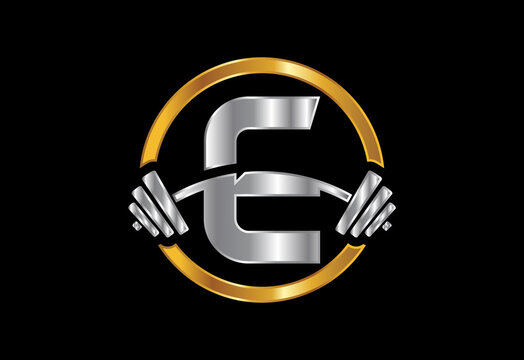 Initial E monogram alphabet with a barbell. Lifting vector logo design. Vector logo for bodybuilding
