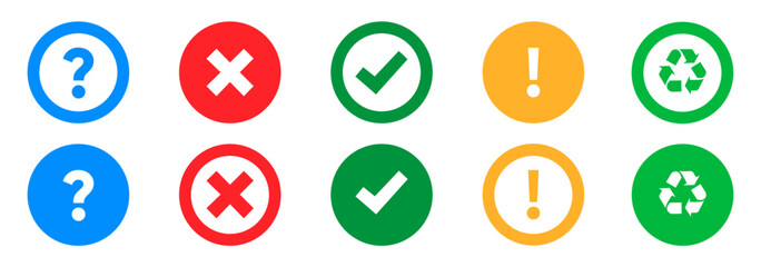 Icon set of question mark, right or wrong, exclamation mark and recycle sign vector illustration