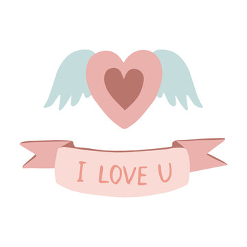 Romantic illustration of angel wings heart and a ribbon with saying i love you