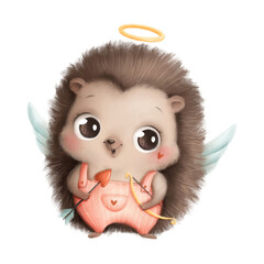 Illustration of cute cartoon valentine's day hedgehog cupid. Valentine's day animals.