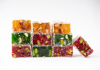 Turkish delight lokum or rahat lokum with nuts isolated