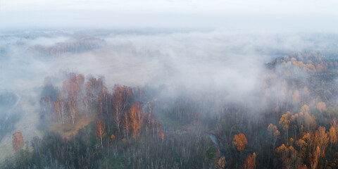 Autumn dawn over foggy forest and river aerial drone view