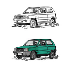 Italian panda small car vector outline illustration © Cristina Stashkevich